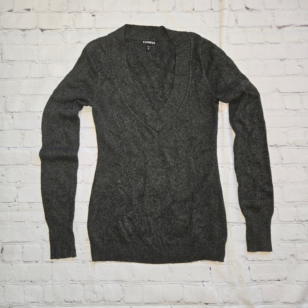 Express Womens dark green V-Neck Sweater Y2K Long Lined Knit Top Size M Y2K